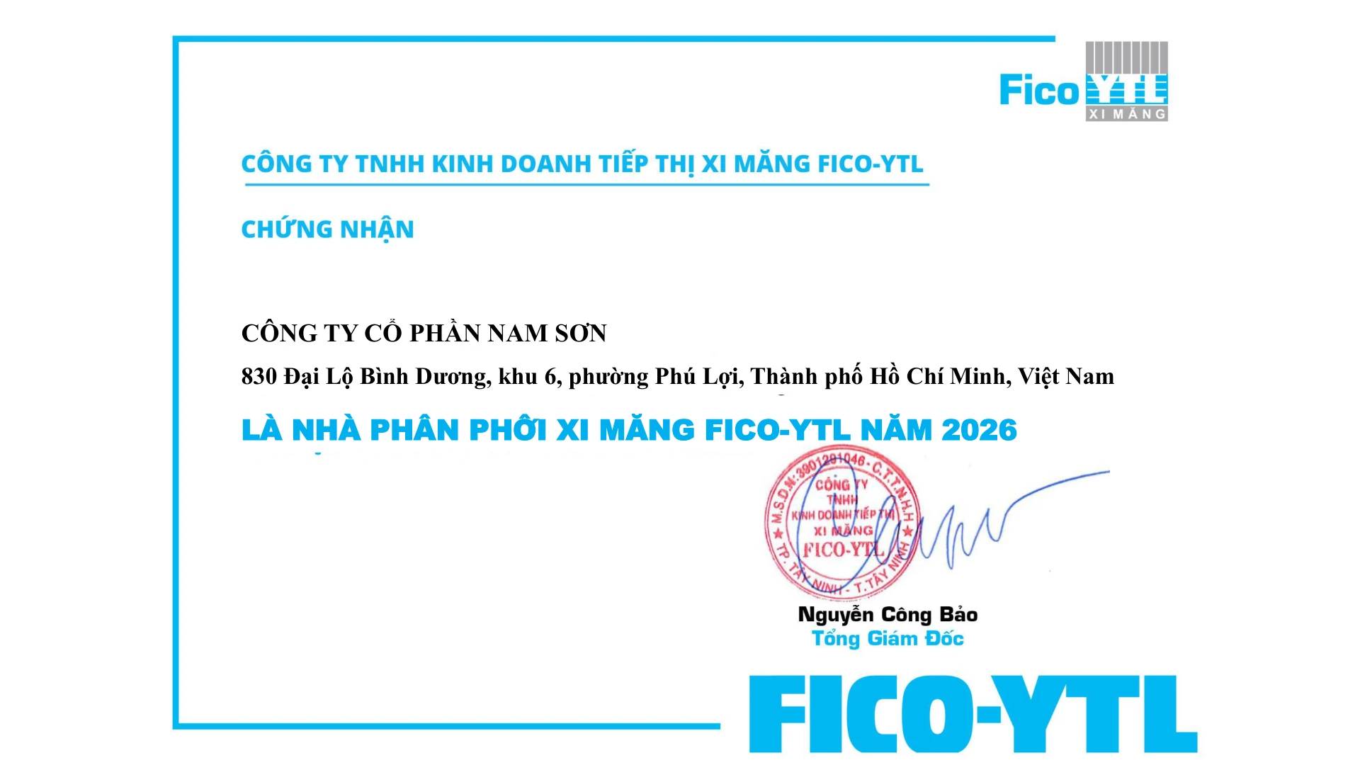 Chứng nhận nhà phân phối FICO-YTL cấp cho Công ty Cổ phần Nam Sơn năm 2026