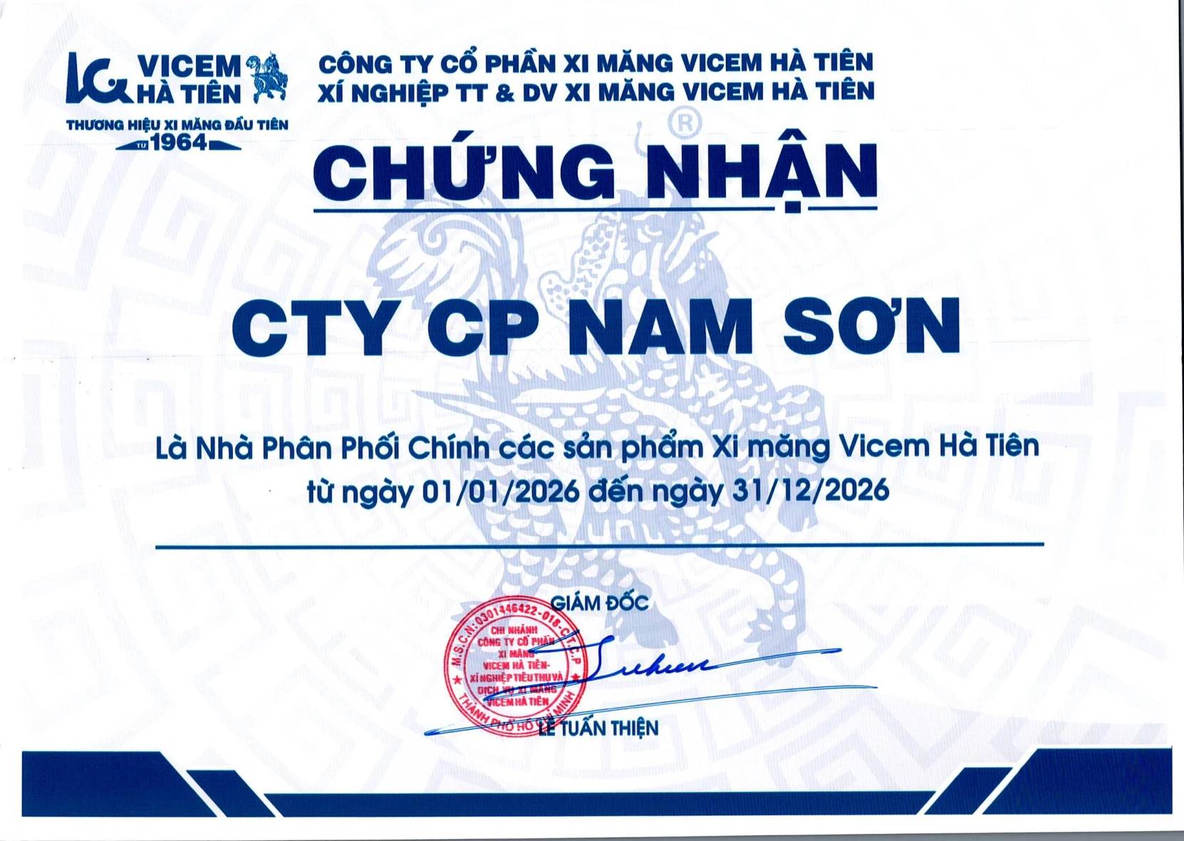 Chứng nhận nhà phân phối chính VICEM Hà Tiên cấp cho Công ty Cổ phần Nam Sơn năm 2026