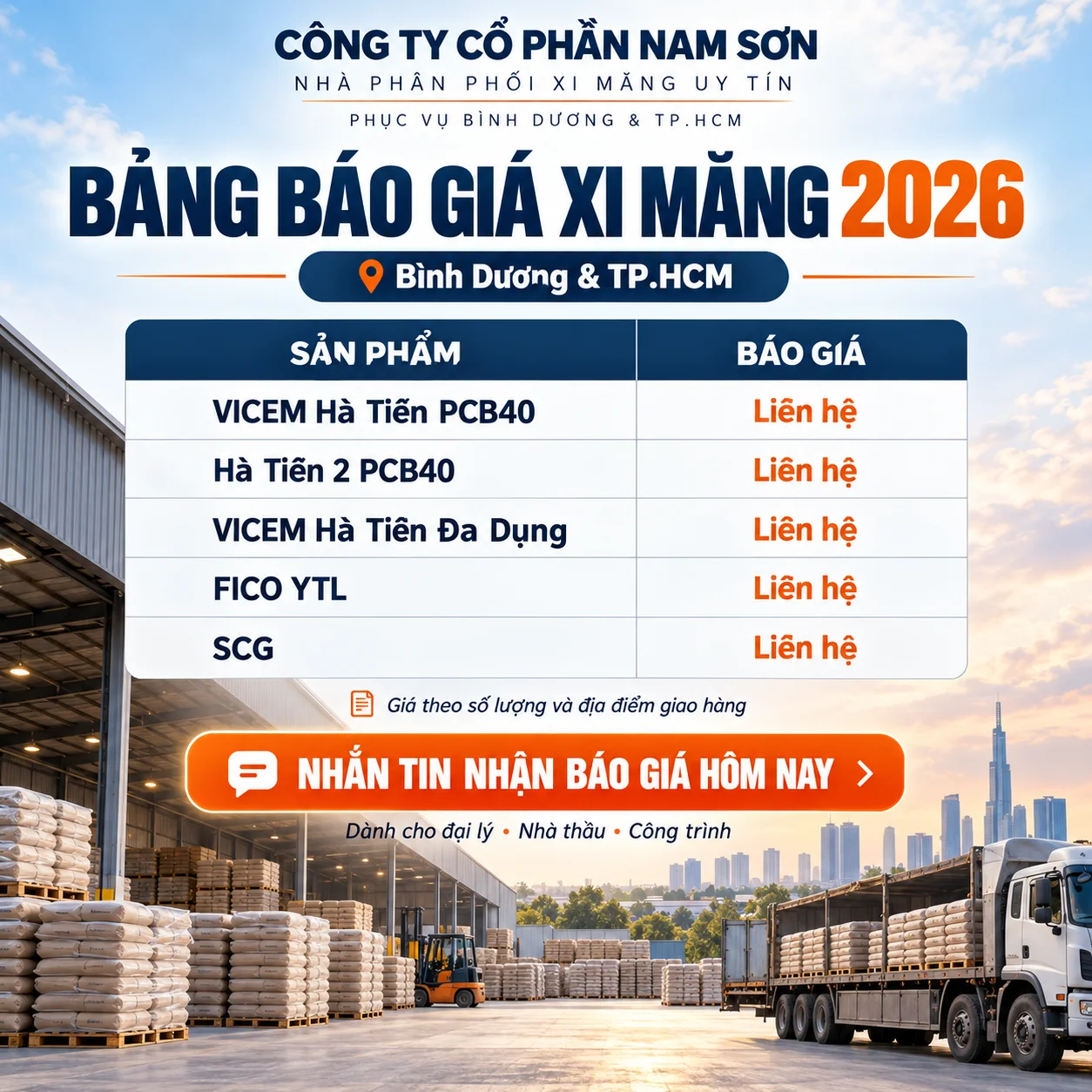 Bảng báo giá xi măng mới nhất hôm nay 2026 tại Bình Dương- Công Ty Cổ Phần Nam Sơn